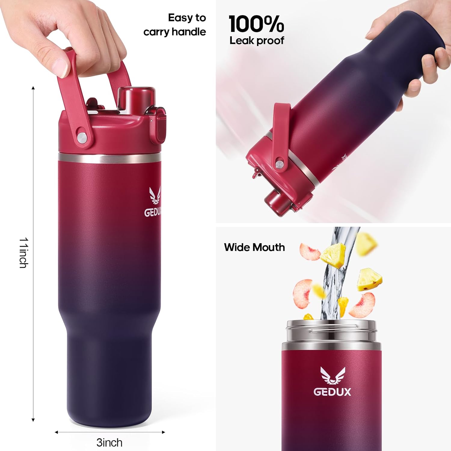32 oz Gradient Blue Stainless Steel Tumbler with Handle and Straw, Vacuum Insulated Water Bottle with Leak-Proof 2-in-1 Lid and Silicone Boot, Keeps Drinks Hot and Cold (reddish black, 40oz) - Image 5