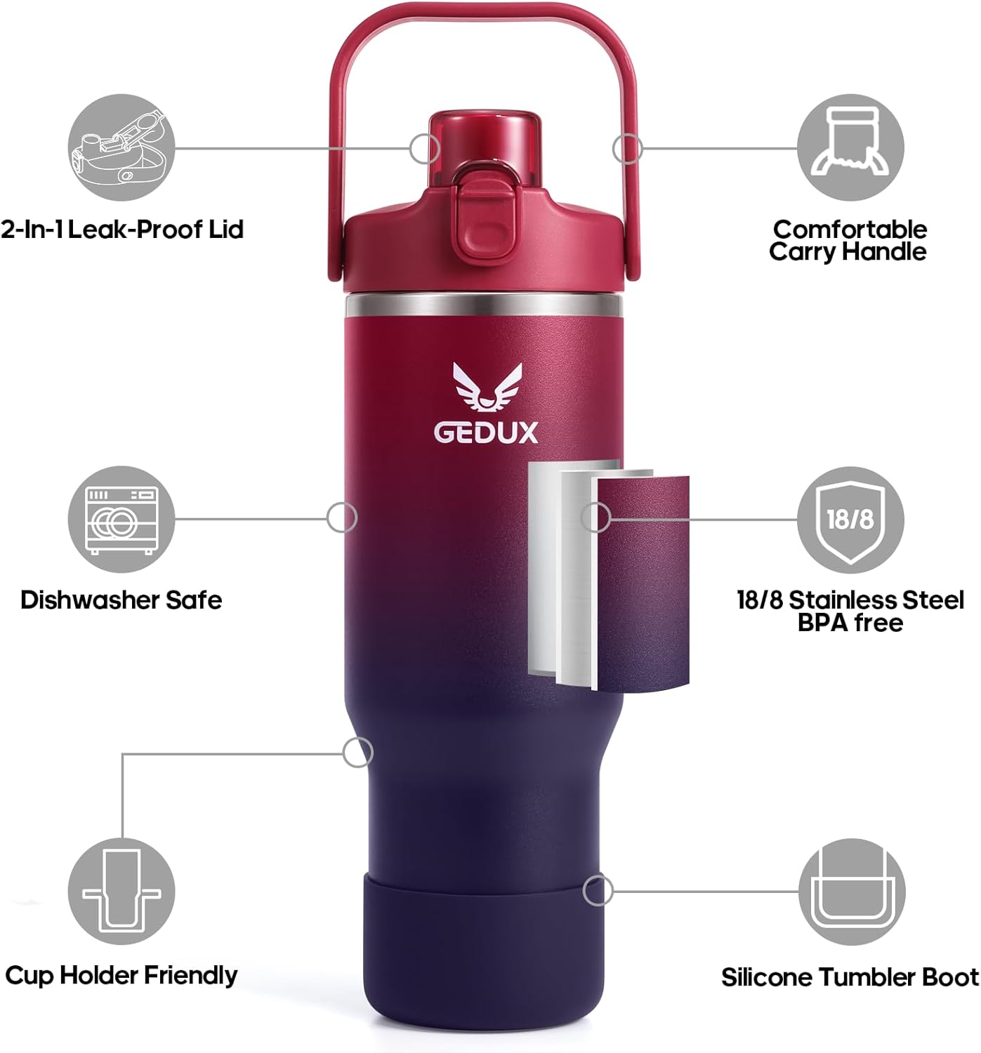 32 oz Gradient Blue Stainless Steel Tumbler with Handle and Straw, Vacuum Insulated Water Bottle with Leak-Proof 2-in-1 Lid and Silicone Boot, Keeps Drinks Hot and Cold (reddish black, 40oz) - Image 3