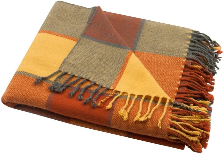 Classic Home Throw Blanket Shawl All Season Acrylic Cozy Soft Reversible Picnic Stadium Camp Blanket Fringe Plaid for Bed/Sofa/Couch,Cashmere-Like 50" W x 67" L (Pumpkin) - Image 6