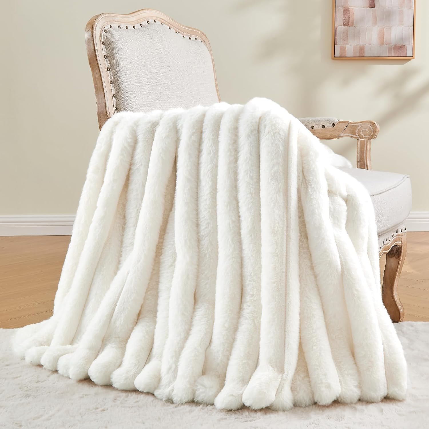 BEDELITE Faux Fur Throw Blanket for Couch, Soft and Cozy Luxurious 3D Striped Fluffy Blanket, 770GSM Thick Warm Plush Fuzzy Faux Rabbit Fur Blanket for Women Gift (Cream, 50"x 60") - Image 9