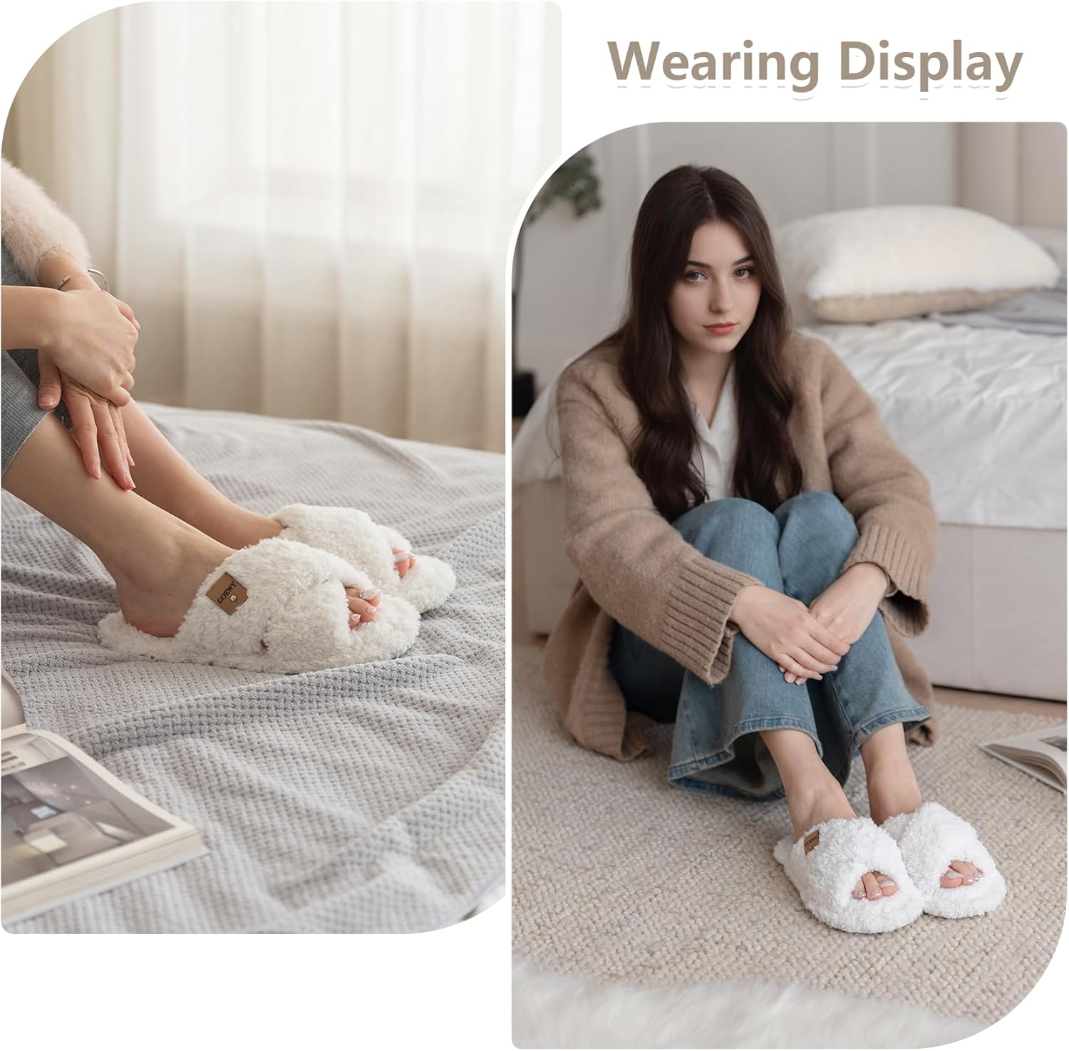 Fuzzy Open Toe Slippers for Women Indoor and Outdoor with Memory Foam Cozy Cross Band Women's Slipper Cute Soft House Shoes Slip On Gifts for Womens Mom Her Ladies Bridesmaid - Image 3
