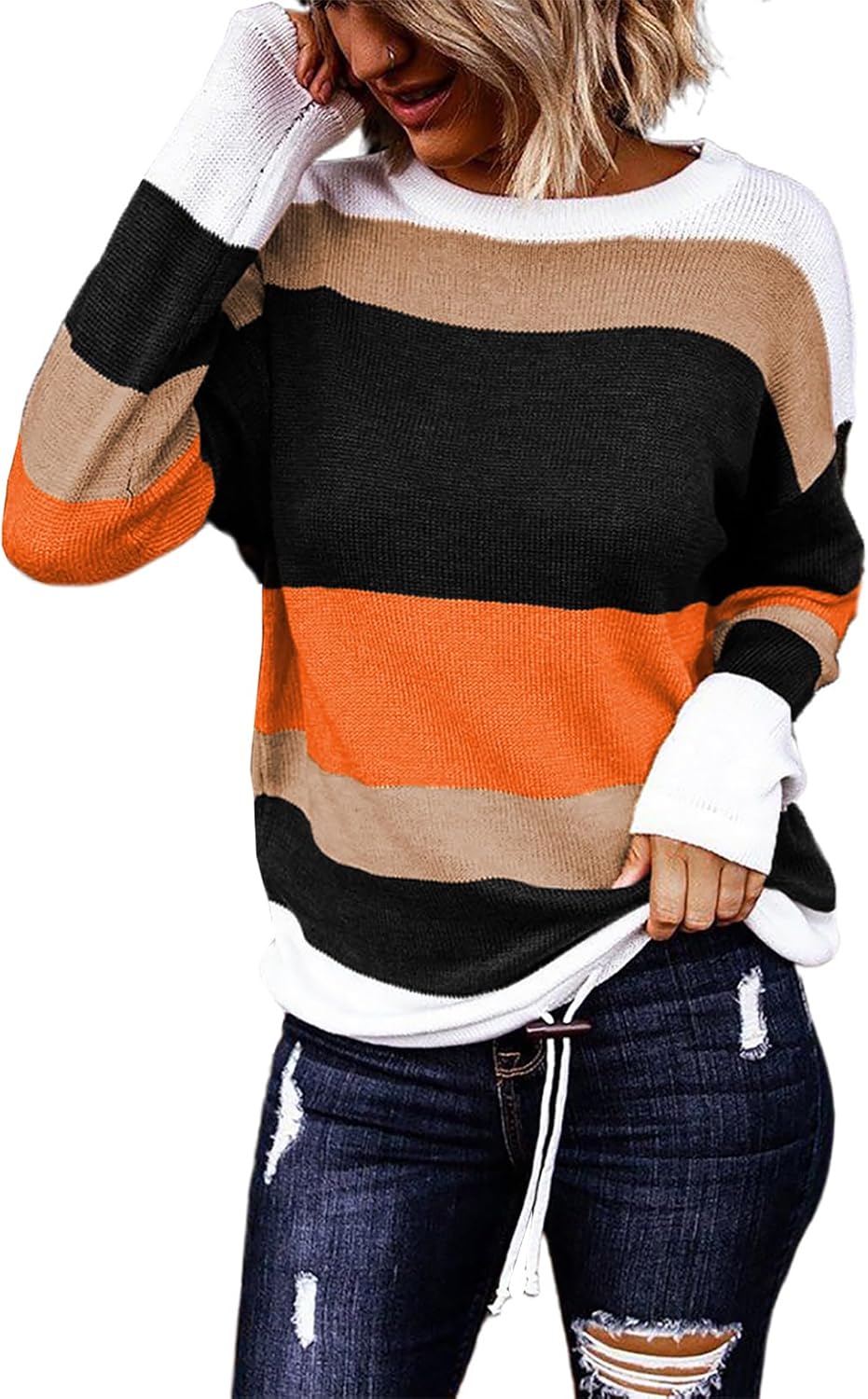 Dokotoo Womens Sweaters Striped Fall Winter Outfits 2025 Crewneck Drawstring Color Block Fashion Clothing - Image 2