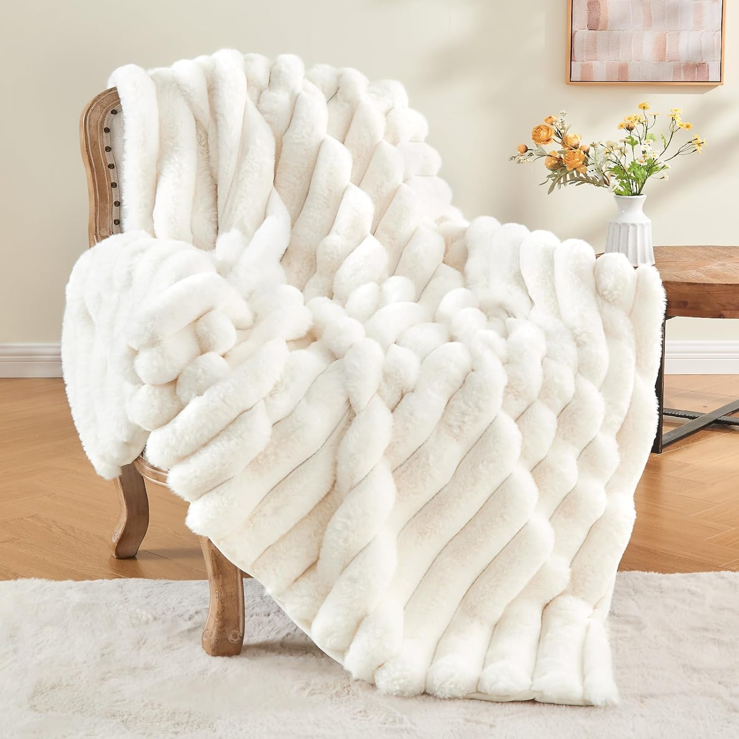 BEDELITE Faux Fur Throw Blanket for Couch, Soft and Cozy Luxurious 3D Striped Fluffy Blanket, 770GSM Thick Warm Plush Fuzzy Faux Rabbit Fur Blanket for Women Gift (Cream, 50"x 60") - Image 2