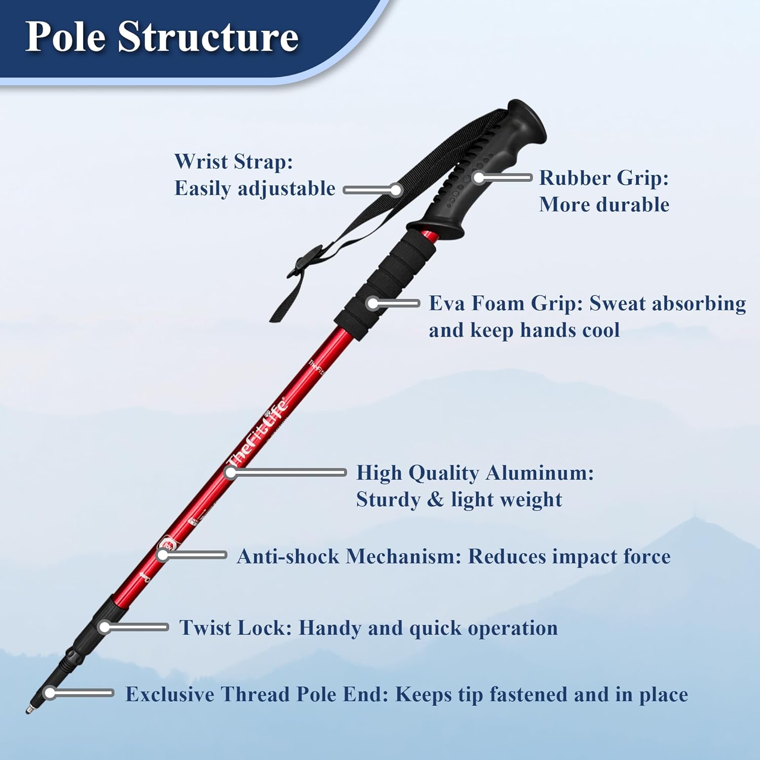 TheFitLife Nordic Walking Trekking Poles - 2 Sticks with Anti-Shock and Quick Lock System, Telescopic, Collapsible, Ultralight for Hiking, Camping, Mountaining, Backpacking, Walking, Trekking - Image 2