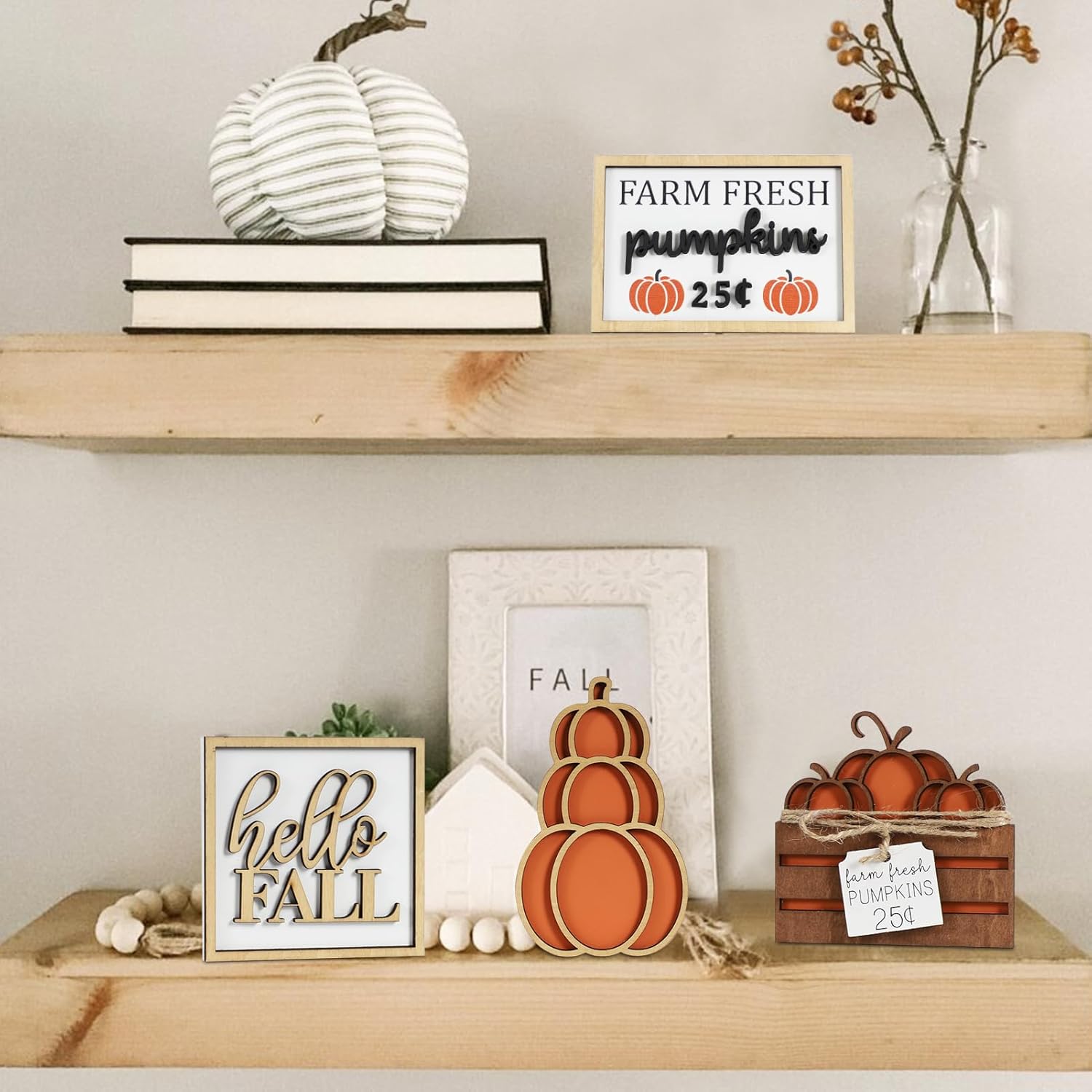 DAZONGE Fall Decor, 5PCS Fall Decorations for Home, Hello Sign, Stacked Pumpkin, Farm Fresh, Pumpkin Crate, Bead Garland, Rustic Tiered Tray Decor - Image 6