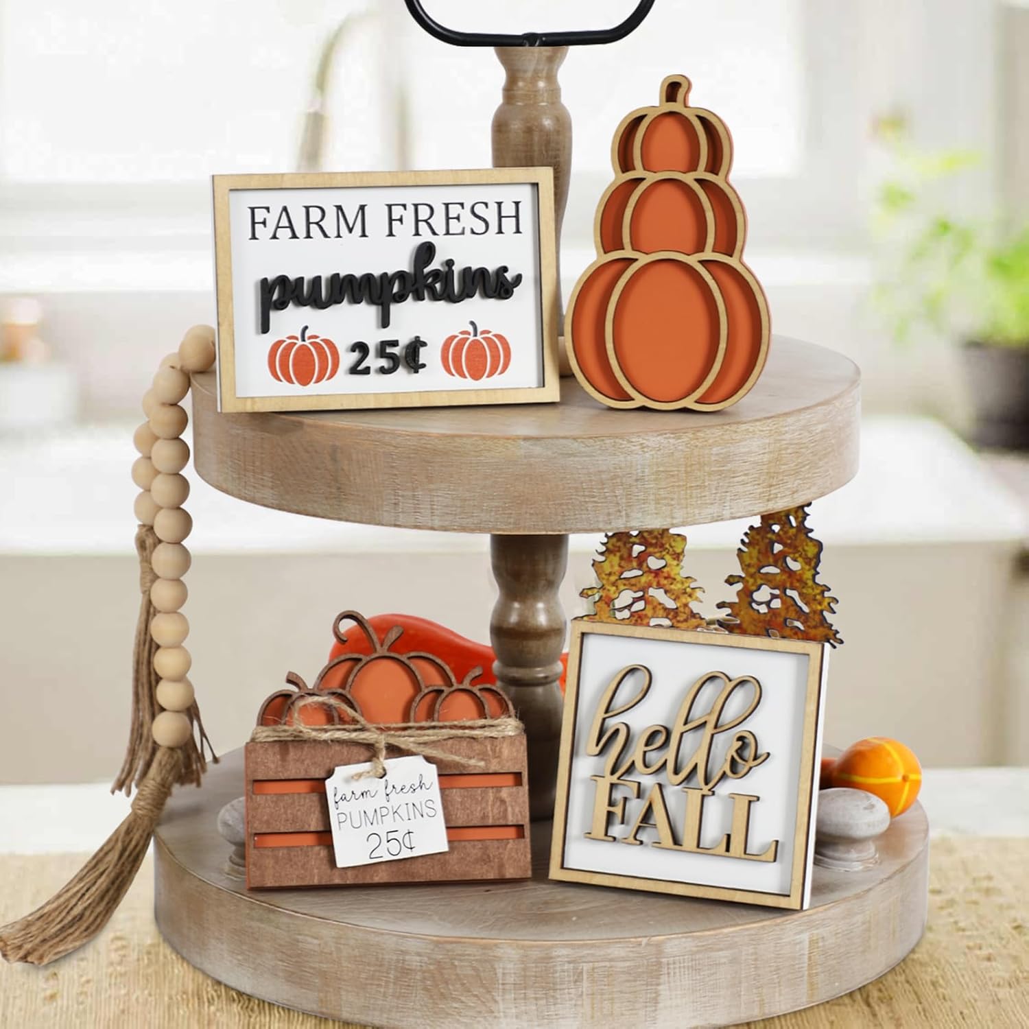 DAZONGE Fall Decor, 5PCS Fall Decorations for Home, Hello Sign, Stacked Pumpkin, Farm Fresh, Pumpkin Crate, Bead Garland, Rustic Tiered Tray Decor - Image 2