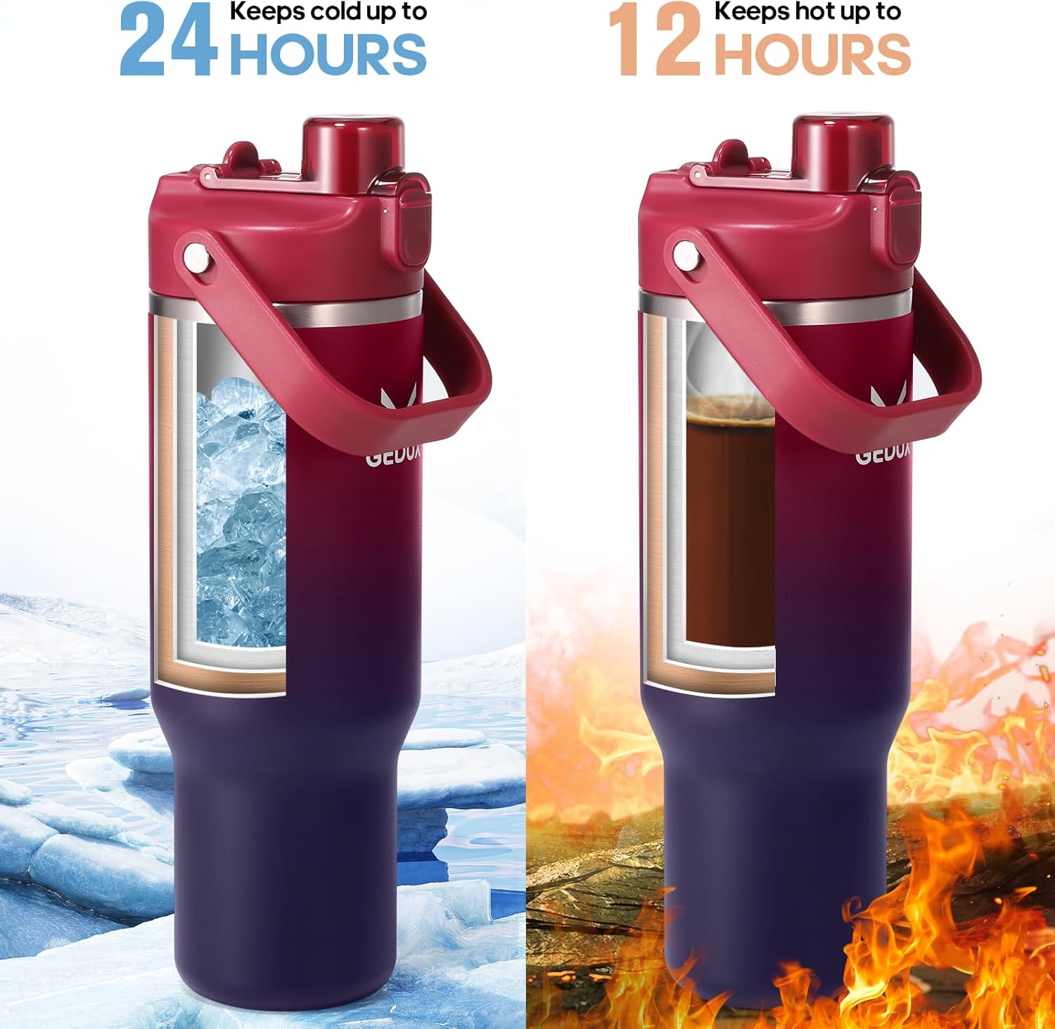 32 oz Gradient Blue Stainless Steel Tumbler with Handle and Straw, Vacuum Insulated Water Bottle with Leak-Proof 2-in-1 Lid and Silicone Boot, Keeps Drinks Hot and Cold (reddish black, 40oz) - Image 4