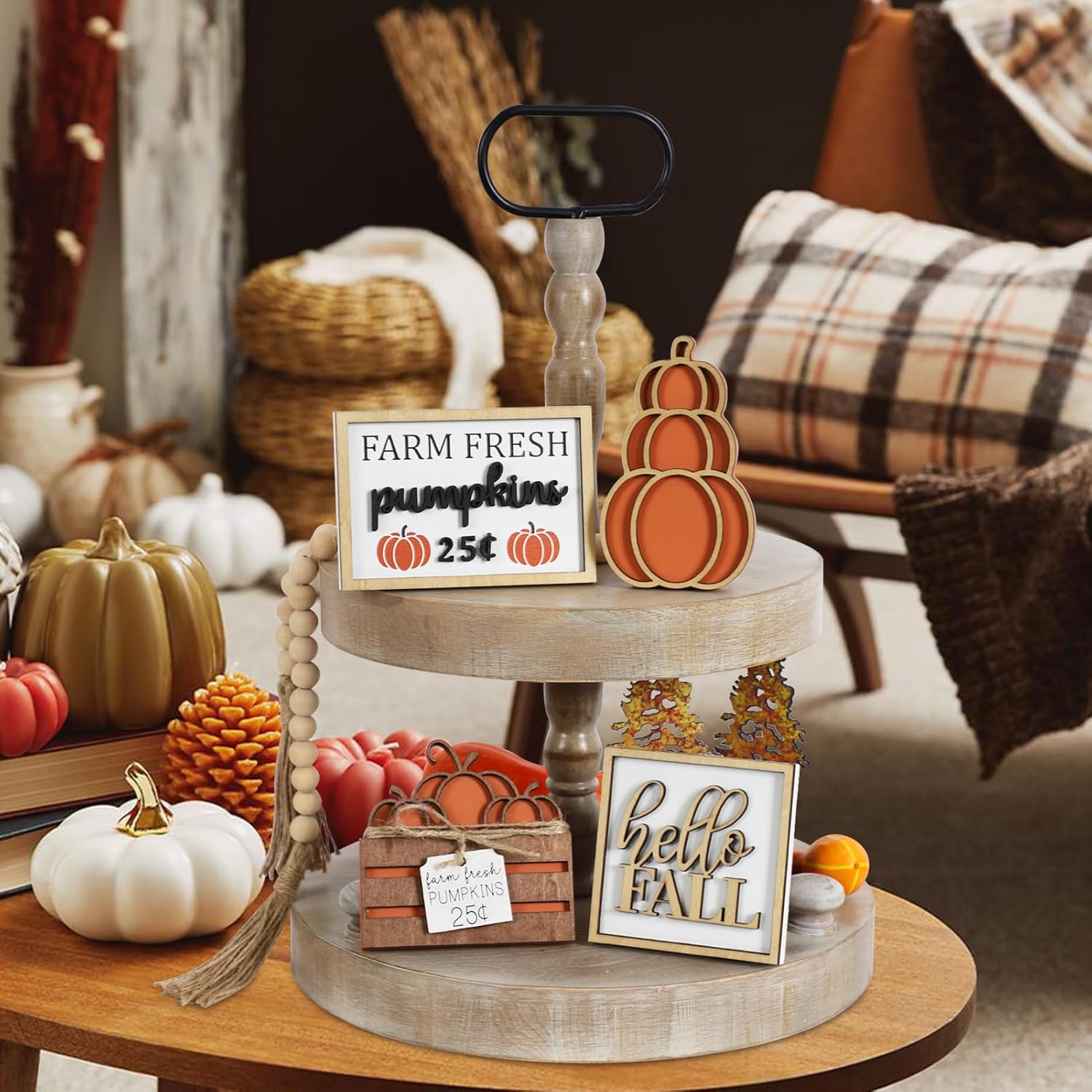 DAZONGE Fall Decor, 5PCS Fall Decorations for Home, Hello Sign, Stacked Pumpkin, Farm Fresh, Pumpkin Crate, Bead Garland, Rustic Tiered Tray Decor - Image 5