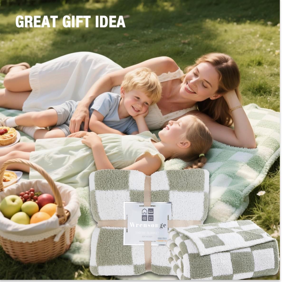 WRENSONGE Checkered Throw Blanket, Sage Green Soft Cozy Fluffy Hand Made Throw Blankets for Couch, Sofa, Chair, Bed, Camping, Picnic, Travel Lightweight Bed Blankets for Women Mothers Birthday Gifts - Image 8