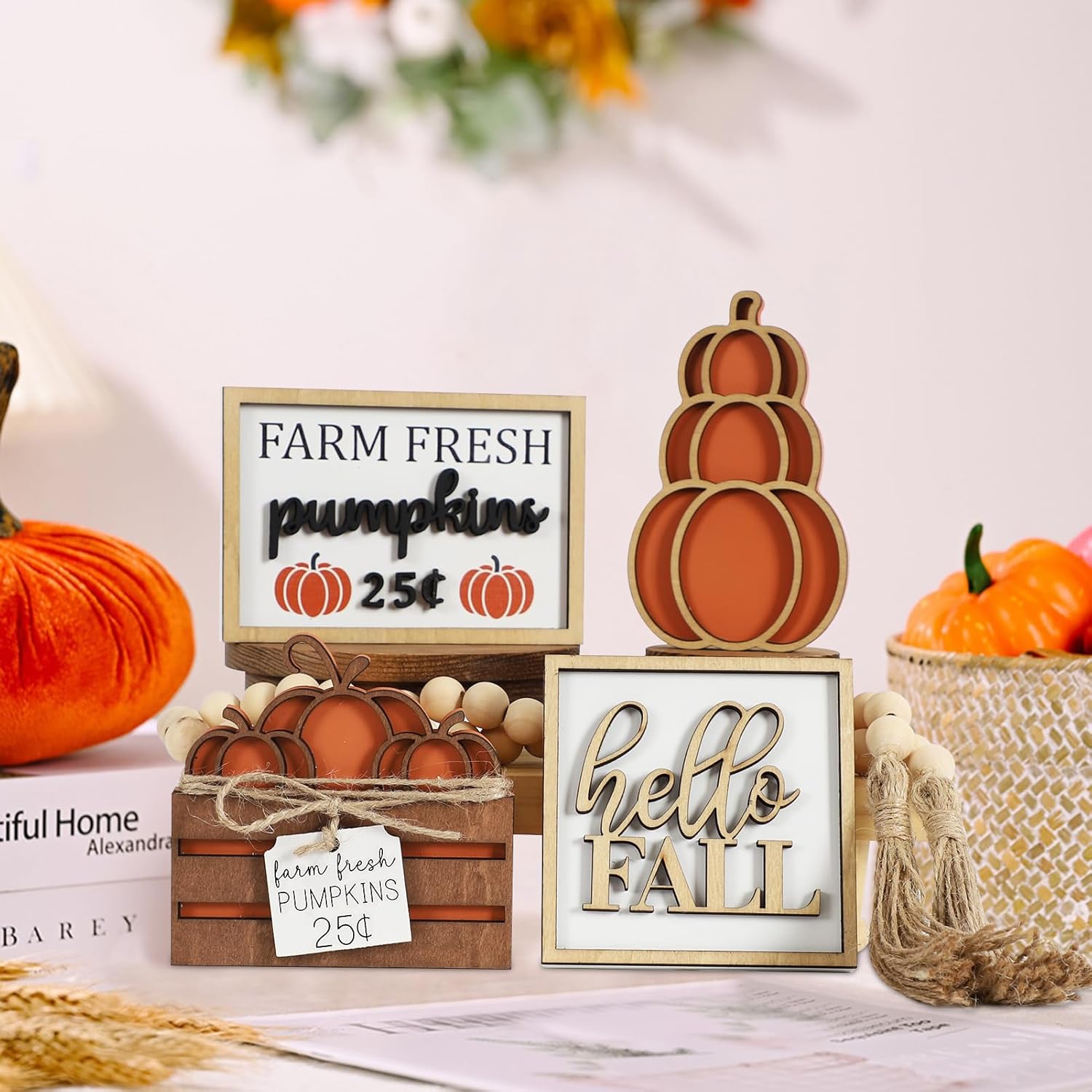 DAZONGE Fall Decor, 5PCS Fall Decorations for Home, Hello Sign, Stacked Pumpkin, Farm Fresh, Pumpkin Crate, Bead Garland, Rustic Tiered Tray Decor - Image 7