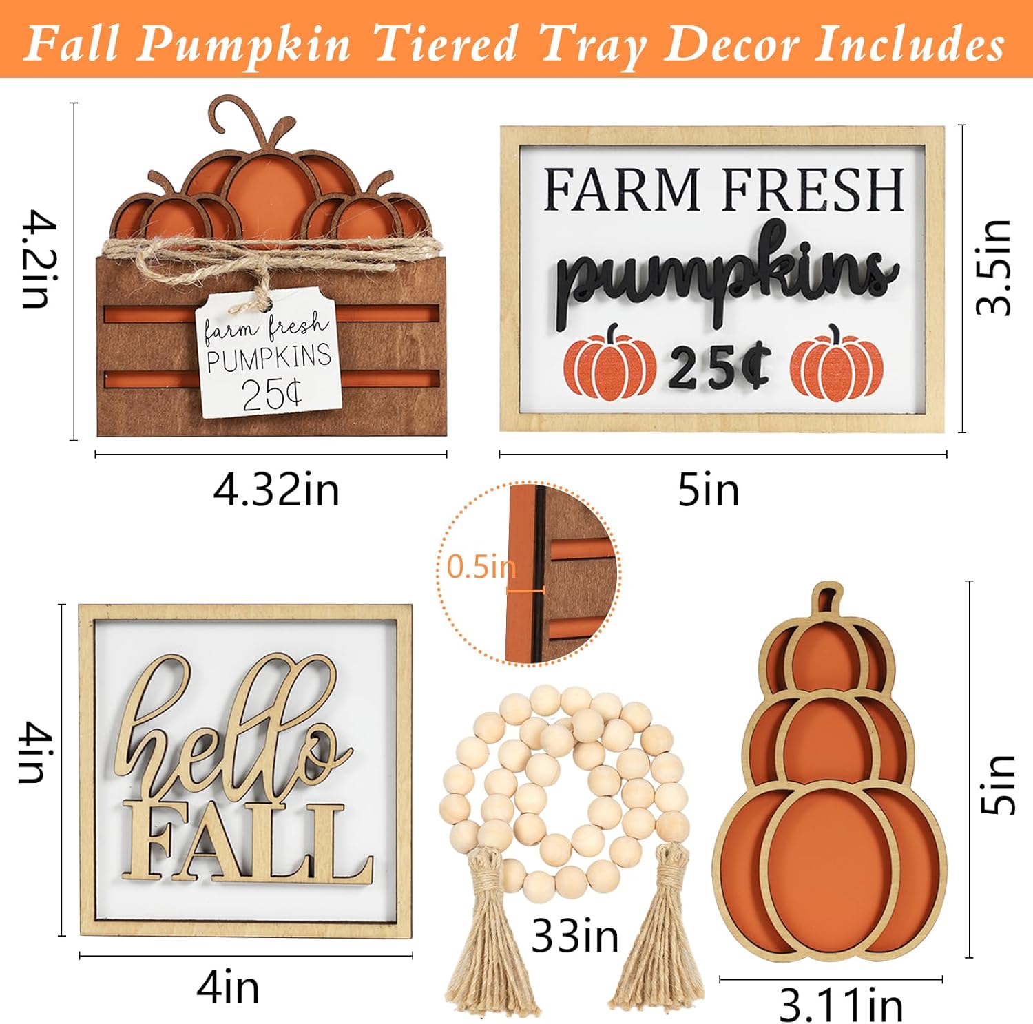 DAZONGE Fall Decor, 5PCS Fall Decorations for Home, Hello Sign, Stacked Pumpkin, Farm Fresh, Pumpkin Crate, Bead Garland, Rustic Tiered Tray Decor - Image 4