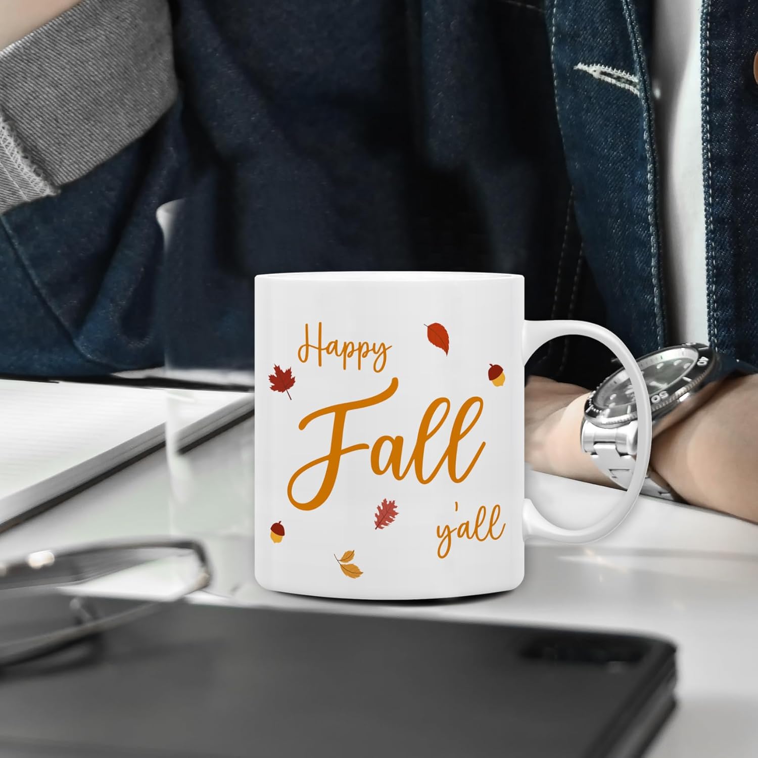 QASHWEY Happy Fall Yall Autumn Mug, Fall Coffee Mug, Autumn Coffee Mug, Fall Themed Mug Tea Cup Gifts for Fall Lovers Women Men Friends, Happy Fall Yall Autumn Coffee Cups Ceramic 11oz - Image 4