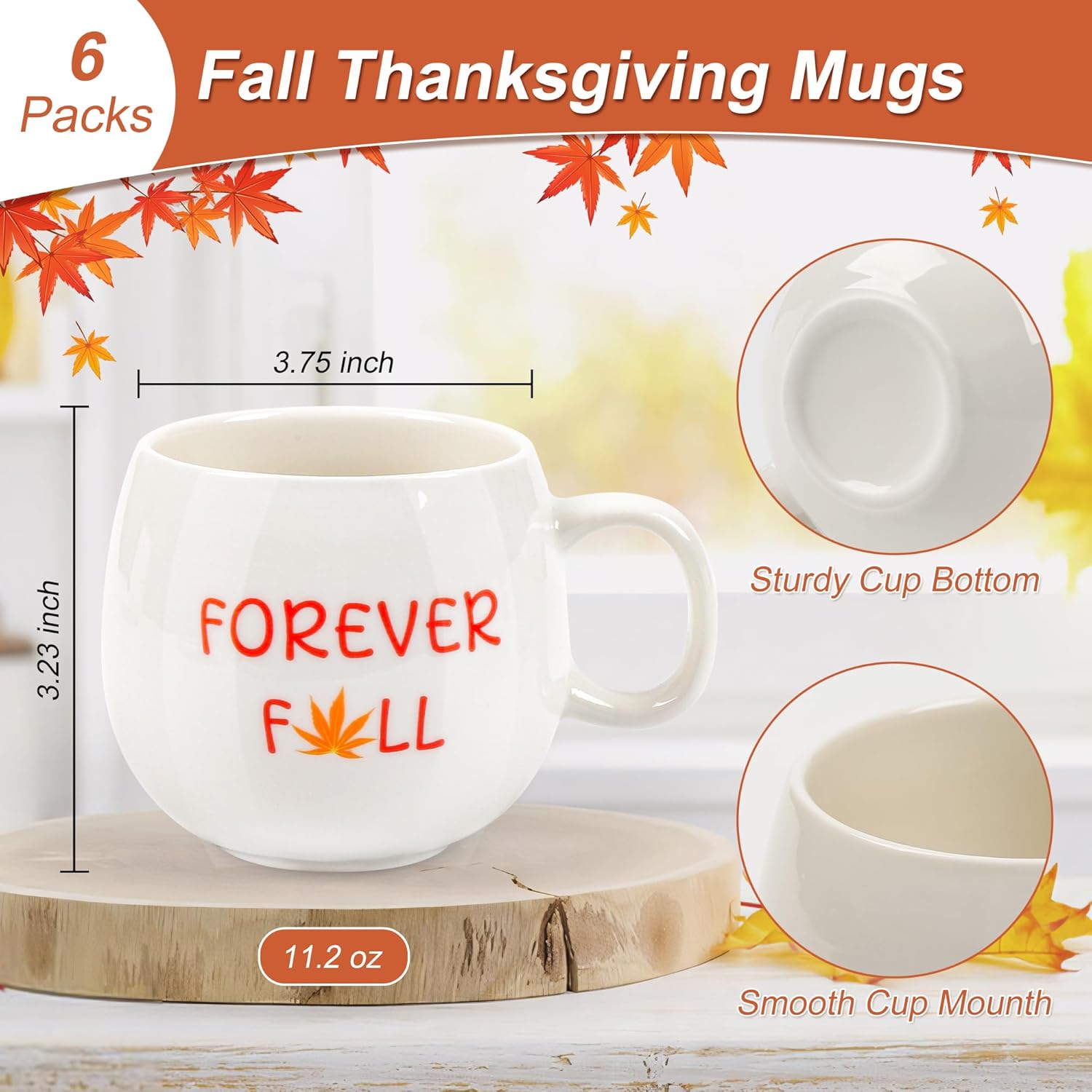 6 Pcs Fall Coffee Mugs Set 12oz Ceramic Autumn Mugs Bulk Thanksgiving Coffee Cups Hello Fall Cups with Handle for Fall Thanksgiving Table Centerpieces Housewarming Gift, Dishwasher and Microwave Safe - Image 3