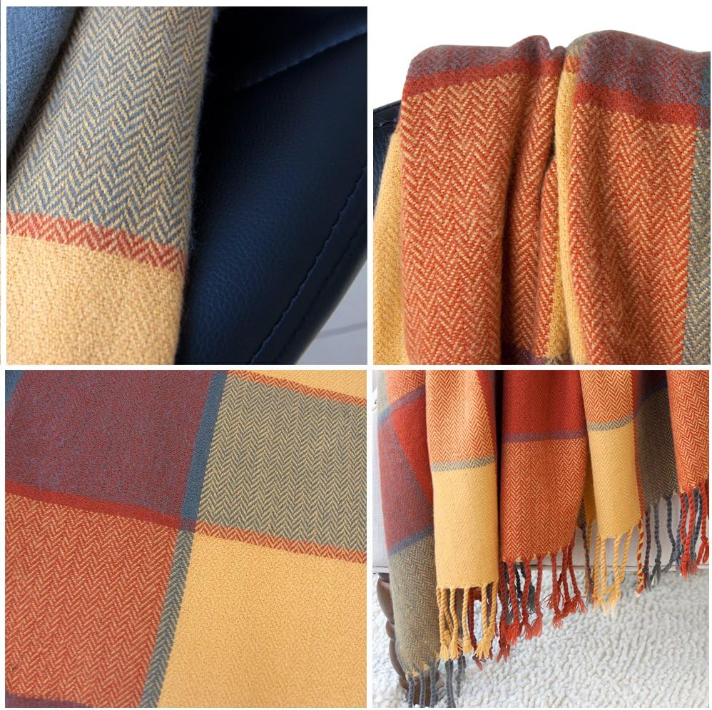 Classic Home Throw Blanket Shawl All Season Acrylic Cozy Soft Reversible Picnic Stadium Camp Blanket Fringe Plaid for Bed/Sofa/Couch,Cashmere-Like 50" W x 67" L (Pumpkin) - Image 4