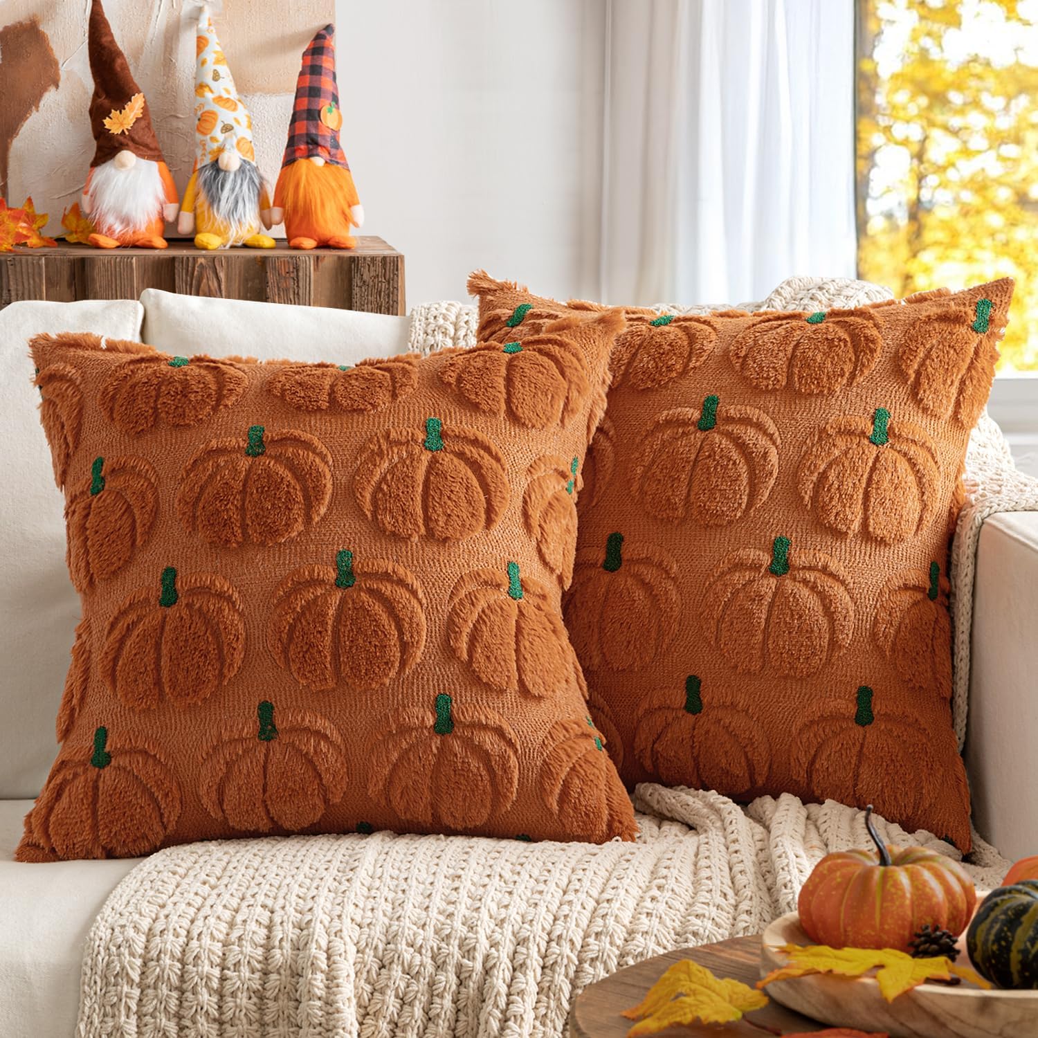 MIULEE Fall Pumpkin Throw Pillow Covers Decor Set of 2 Dark Rust Green Stem 18 x 18 Decorative Cushion Covers Soft Faux Fur Couch Pillows for Autumn Harvest Outdoor Porch Farmhouse Halloween Home - Image 2