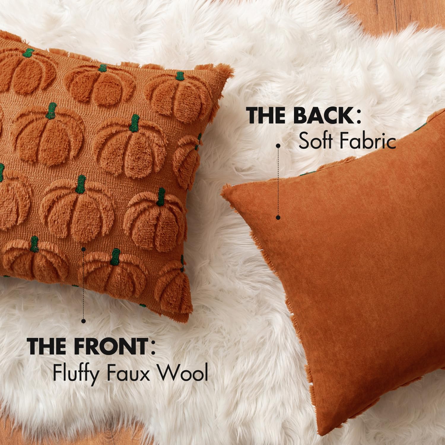MIULEE Fall Pumpkin Throw Pillow Covers Decor Set of 2 Dark Rust Green Stem 18 x 18 Decorative Cushion Covers Soft Faux Fur Couch Pillows for Autumn Harvest Outdoor Porch Farmhouse Halloween Home - Image 7