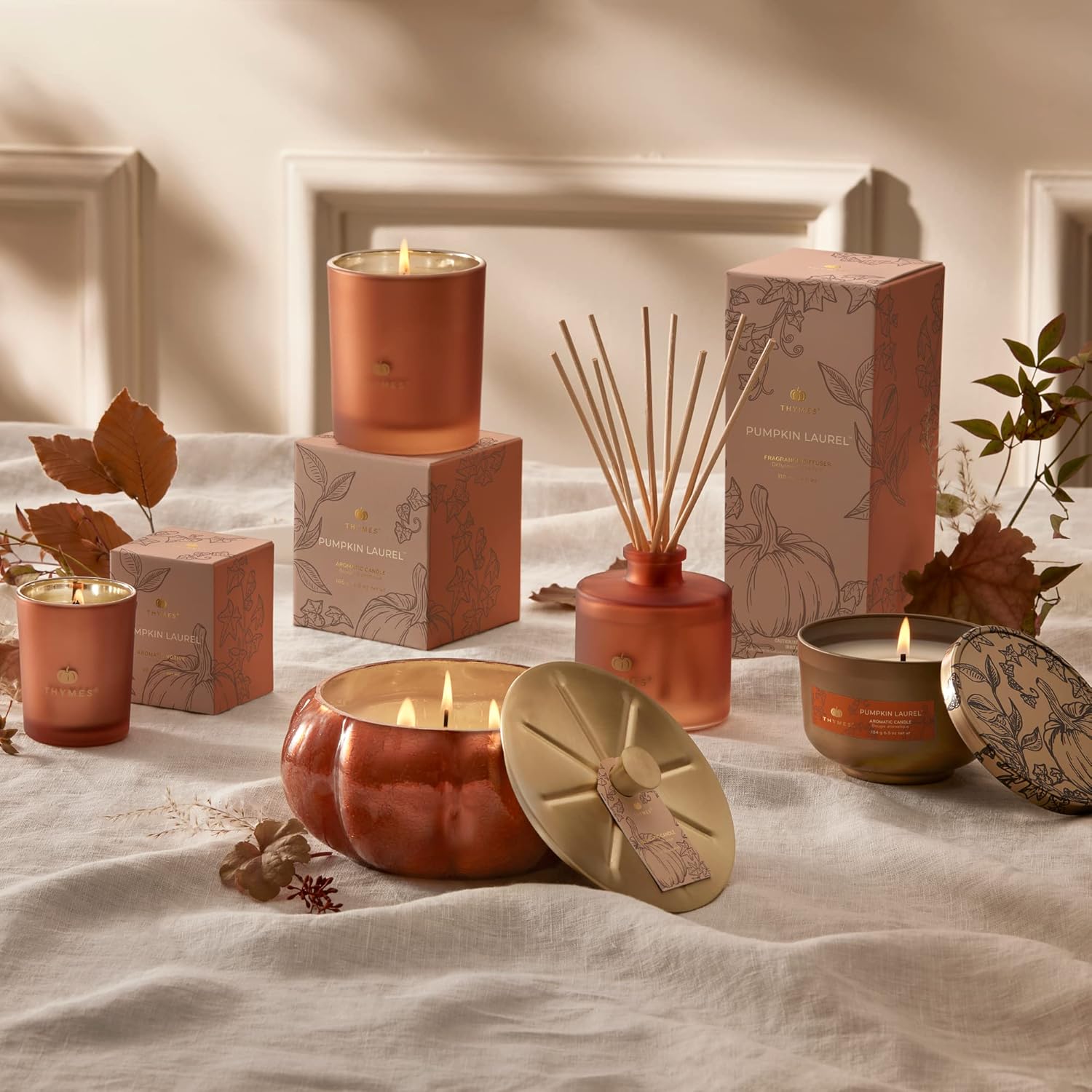 Thymes Scented Candles for Home Decor - Luxury Home Fragrance Gifts for Women & Men - Fall Candles with Creamy Pumpkin, Nutmeg, & Cinnamon - Burnt Orange (Pumpkin Laurel, 6.5 oz) - Image 7