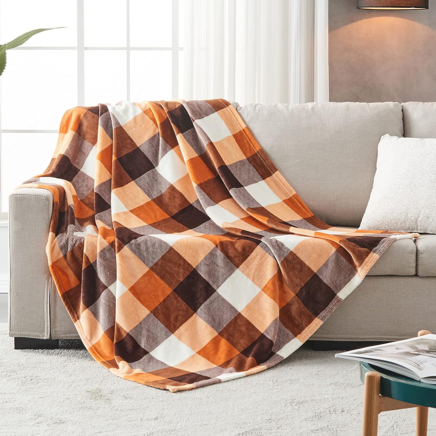 SOCHOW Buffalo Plaid Flannel Fleece Throw Blanket 60 x 80 Inches, Soft Lightweight Cozy All Season Orange Checkered Blanket for Bed, Couch, Car - Image 4