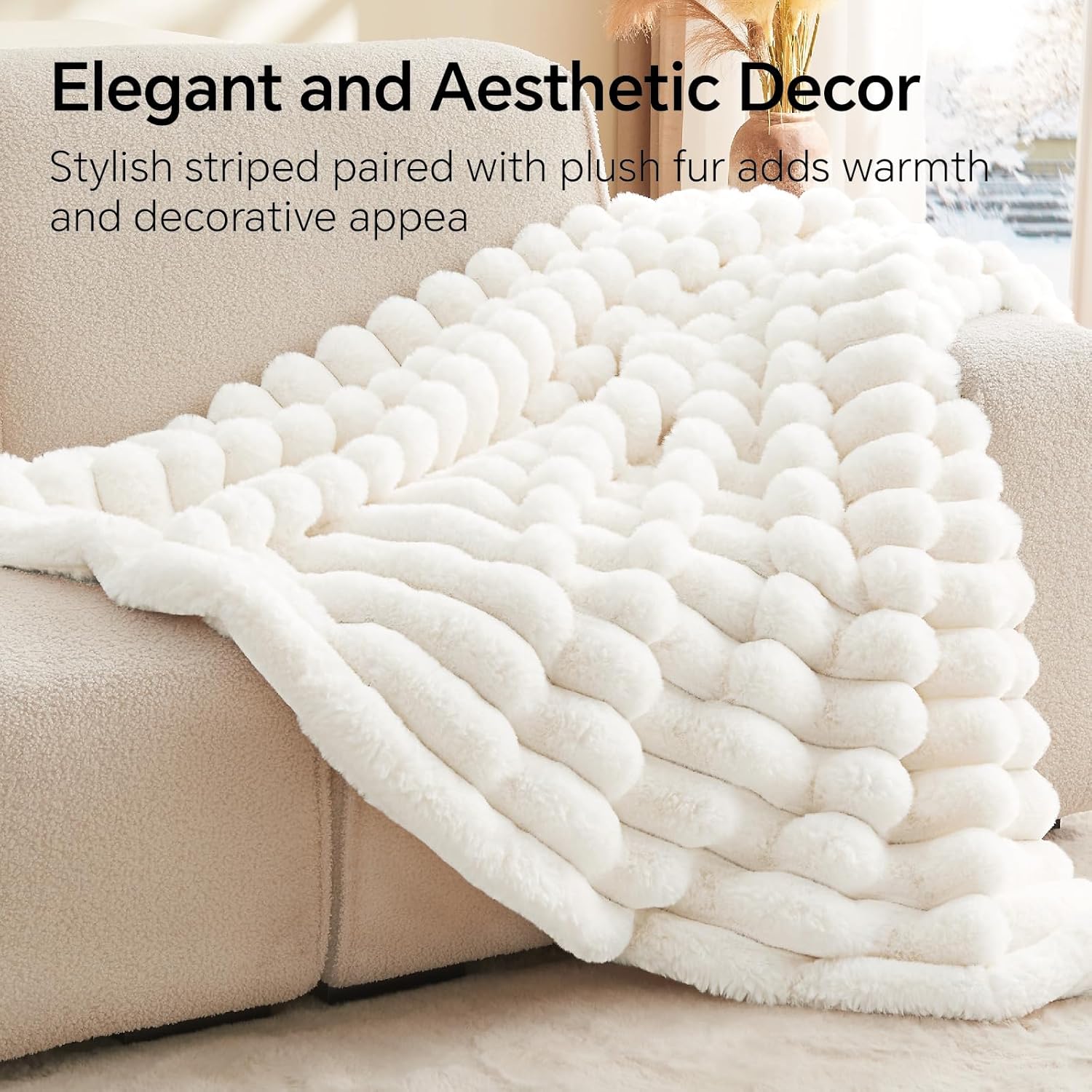 BEDELITE Faux Fur Throw Blanket for Couch, Soft and Cozy Luxurious 3D Striped Fluffy Blanket, 770GSM Thick Warm Plush Fuzzy Faux Rabbit Fur Blanket for Women Gift (Cream, 50"x 60") - Image 3