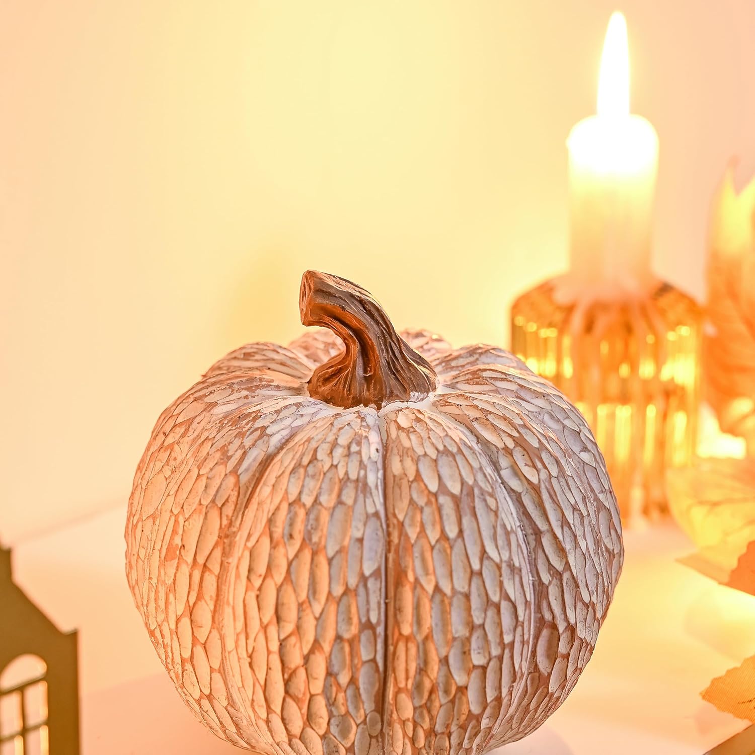 Artificial Pumpkin Decor, Brown and White Decorative Pumpkins, Thanksgiving Resin Pumpkins Figurine Set of 2, Carved Pumpkin Statues for Rustic Fall Tabletop Home Decor, Harvest, Wedding - Image 9