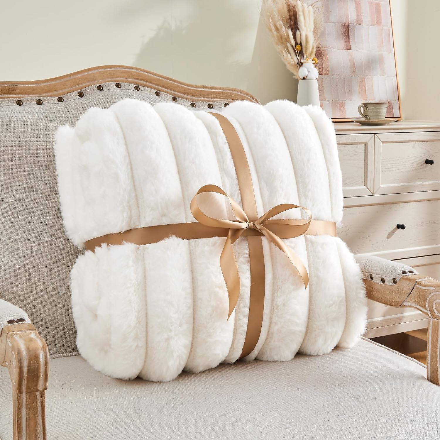 BEDELITE Faux Fur Throw Blanket for Couch, Soft and Cozy Luxurious 3D Striped Fluffy Blanket, 770GSM Thick Warm Plush Fuzzy Faux Rabbit Fur Blanket for Women Gift (Cream, 50"x 60") - Image 7