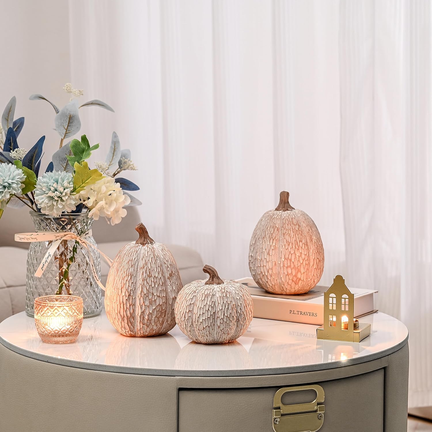 Artificial Pumpkin Decor, Brown and White Decorative Pumpkins, Thanksgiving Resin Pumpkins Figurine Set of 2, Carved Pumpkin Statues for Rustic Fall Tabletop Home Decor, Harvest, Wedding - Image 8