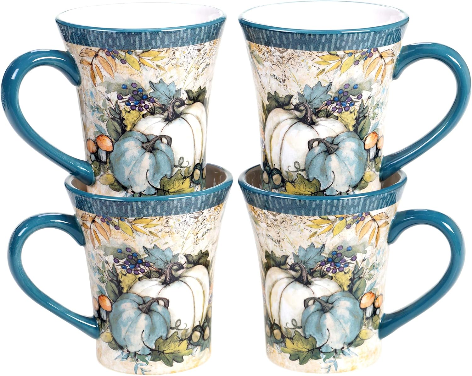 Harvest Gatherings 14 oz. Ceramic Fall Mugs, Set of 4 – Blue & White Pumpkin Coffee Cups – Rustic Autumn Drinkware for Tea, Cocoa, or Cider – Thanksgiving Decor, Farmhouse Kitchen, Hostess Gift - Image 2