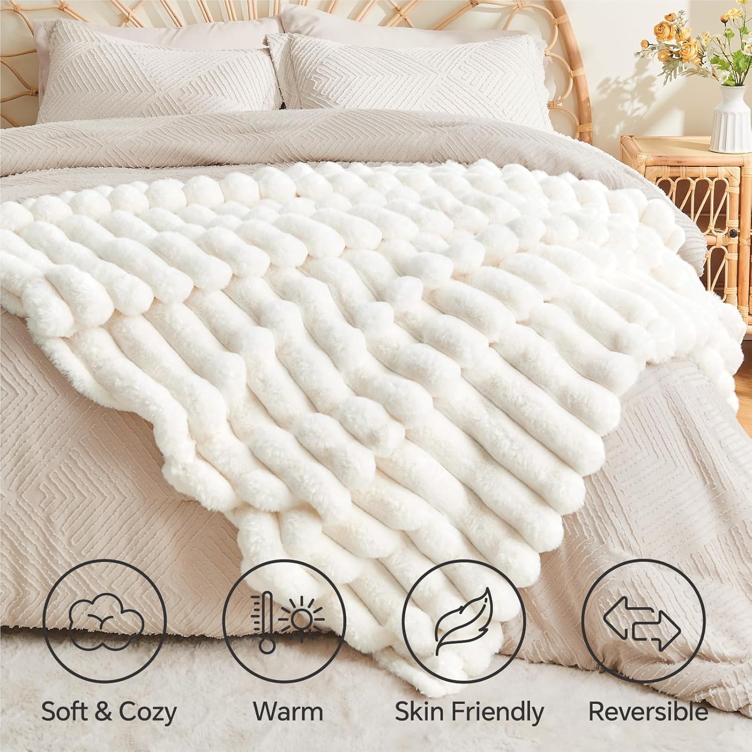 BEDELITE Faux Fur Throw Blanket for Couch, Soft and Cozy Luxurious 3D Striped Fluffy Blanket, 770GSM Thick Warm Plush Fuzzy Faux Rabbit Fur Blanket for Women Gift (Cream, 50"x 60") - Image 5