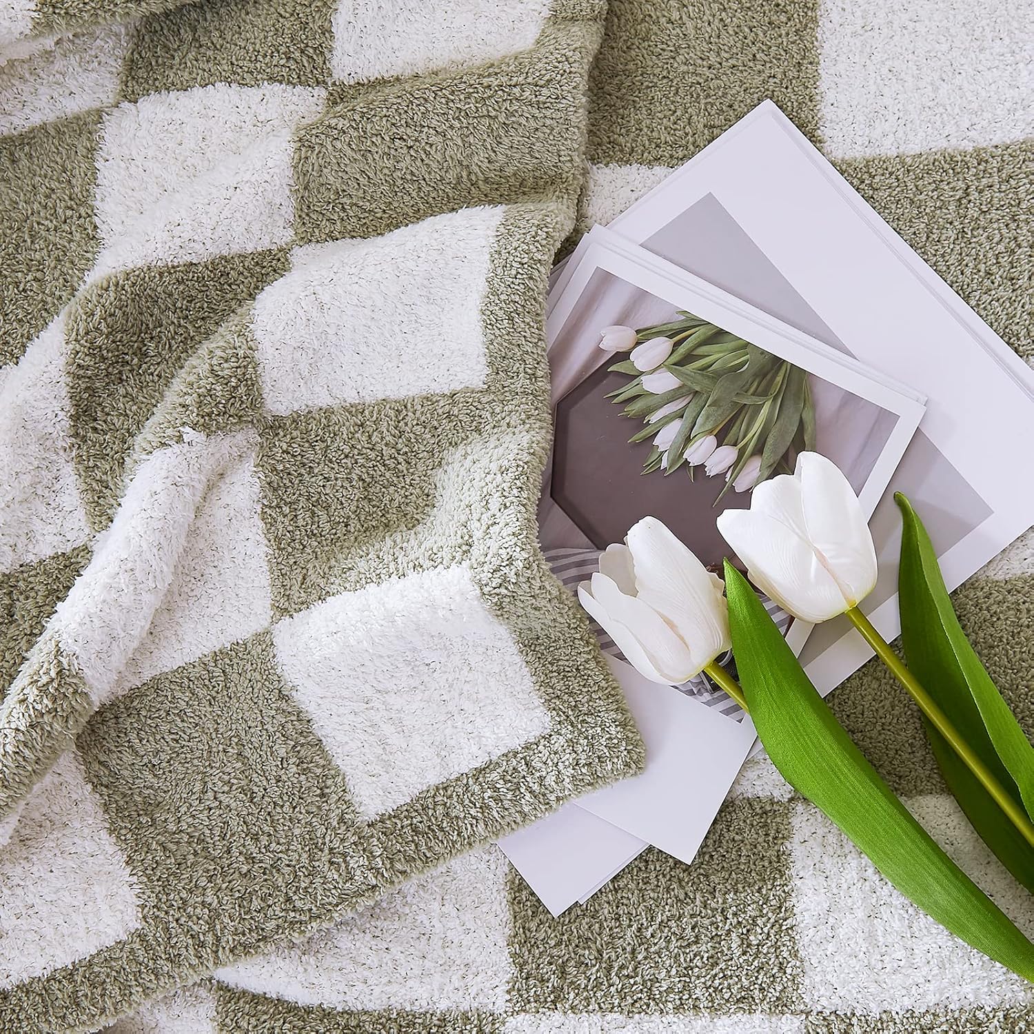 WRENSONGE Checkered Throw Blanket, Sage Green Soft Cozy Fluffy Hand Made Throw Blankets for Couch, Sofa, Chair, Bed, Camping, Picnic, Travel Lightweight Bed Blankets for Women Mothers Birthday Gifts - Image 6