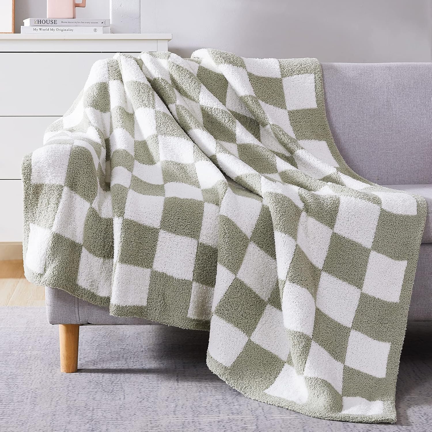 WRENSONGE Checkered Throw Blanket, Sage Green Soft Cozy Fluffy Hand Made Throw Blankets for Couch, Sofa, Chair, Bed, Camping, Picnic, Travel Lightweight Bed Blankets for Women Mothers Birthday Gifts - Image 2